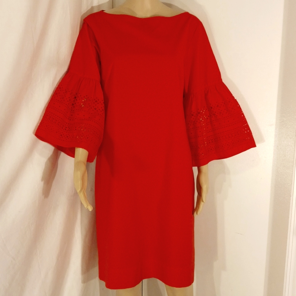 NWT Lauren Ralph Lauren Red Boat Neck Bell Sleeve Dress - Picture 3 of 12